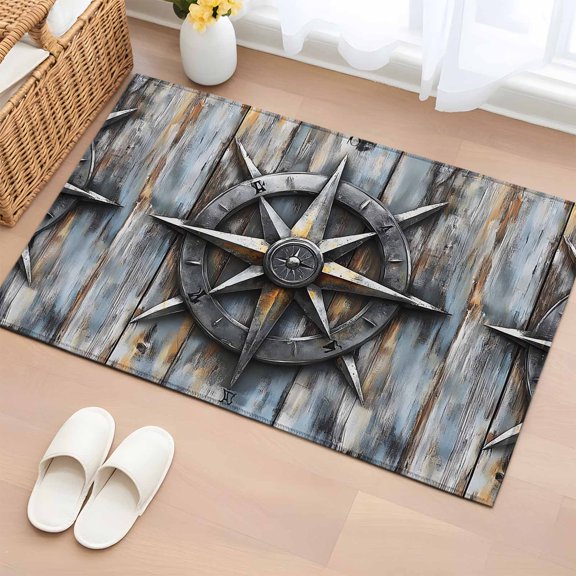 Area Rug 2x3ft, Nautical Compass Retro Plankfarmhouse Wooden Grain Washable Rugs for Living Room Bedroom, Soft Non-slip Area Rugs Rectangle Floor Carpet for Dining Room