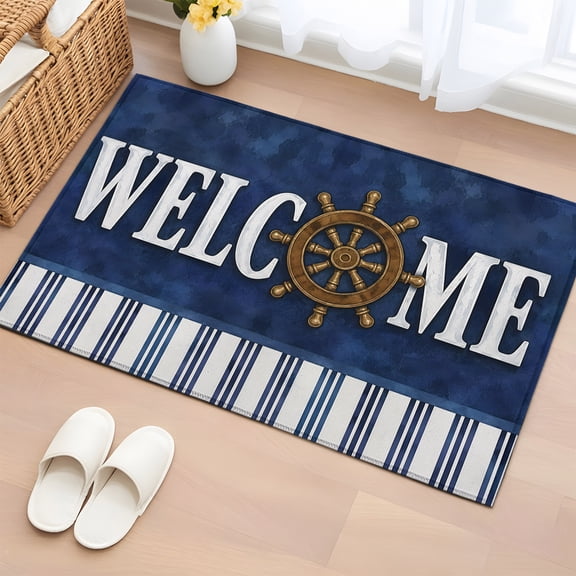Area Rug 2x3ft, Nautical Compass Welcome Text Washable Rugs for Living Room Bedroom, Coastal Navy Blue Stripe Soft Non-slip Area Rugs Rectangle Floor Carpet for Dining Room