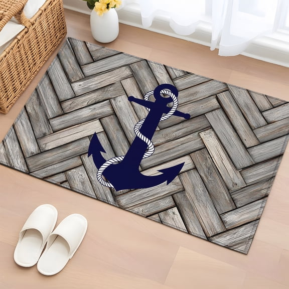 Area Rug 2x3ft Nautical Dark Blue Navy Anchor Area Rugs Washable Low Pile Floor Carpet for Bedroom, Retro Wooden Board Non Slip Soft Rugs for Living Room Entryway Dining Room
