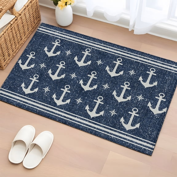 Area Rug 2x3ft Nautical Mini Anchors Area Rugs Washable Low Pile Floor Carpet for Bedroom, Blue Linen Background Non Slip Soft Rugs for Living Room Entryway Dining Room