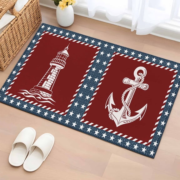 Area Rug 2x3ft, Nautical Sailing Anchor Compass Washable Rugs for Living Room Bedroom, Lighthouse Star Blue Red Soft Non-slip Area Rugs Rectangle Floor Carpet for Dining Room