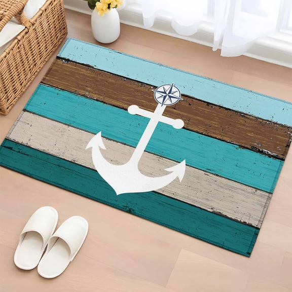 Area Rug 2x3ft, Nautical White Anchor Ocean Compass Washable Rugs for Living Room Bedroom, Farmhouse Retro Blue Wood Grain Soft Non-slip Area Rugs Rectangle Floor Carpet for Dining Room