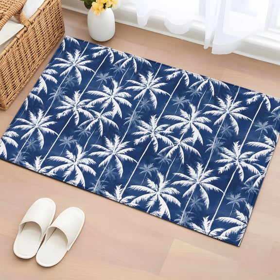 Area Rug 2x3ft Navy Blue Coastal Coconut Trees Floor Entryway Rugs Indoor Floor Area Mat Carpets Doormat Entrance Mat for Entry Living Room Dining Room Kitchen, Beach Palm Leaves Sofa Throw Carpet