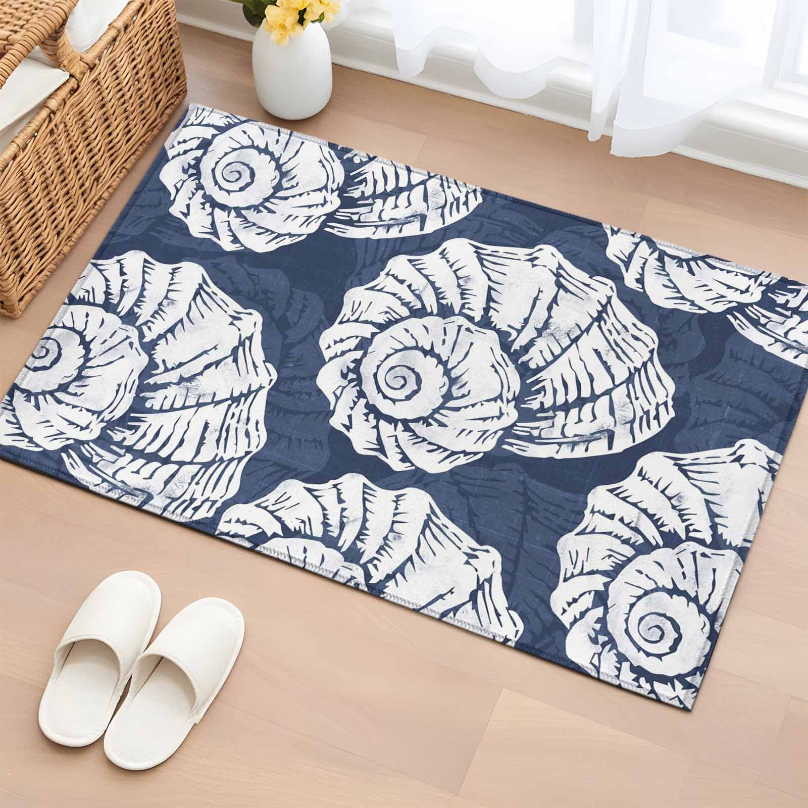 Blue White Shell Rug Area Rug 2x3ft Navy Blue Coastal Shells Carpets Indoor Floor Area Mat ...