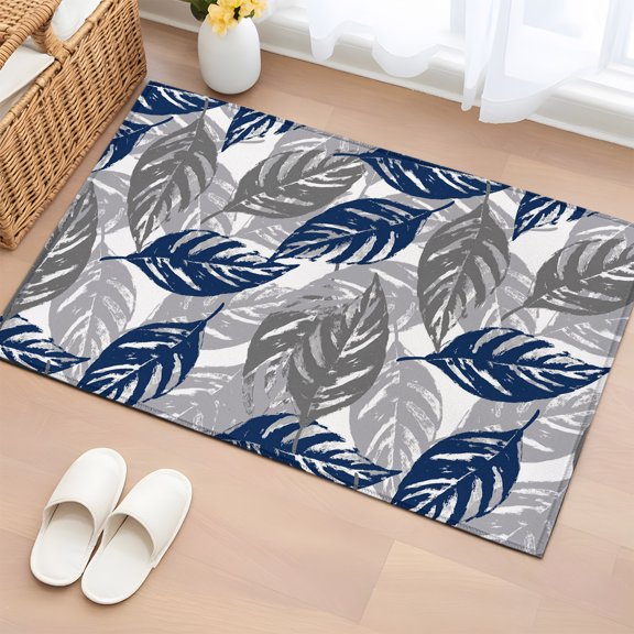 Area Rug 2x3ft Navy Blue Gray Leaves Texture Area Rugs Washable Low Pile Floor Carpet for Bedroom, Botanical Leaf Foliage Non Slip Soft Rugs for Living Room Entryway Dining Room