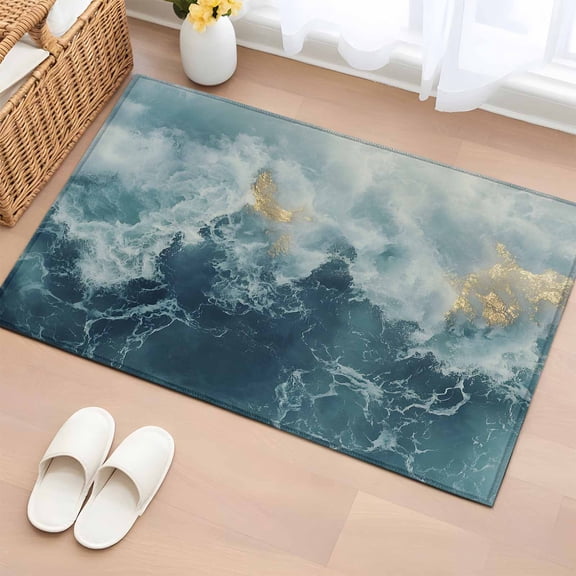 Area Rug 2x3ft, Navy Blue Light Ocean Waves Washable Rugs for Living Room Bedroom, Abstract Turquoise Layers Soft Non-slip Area Rugs Rectangle Floor Carpet for Dining Room