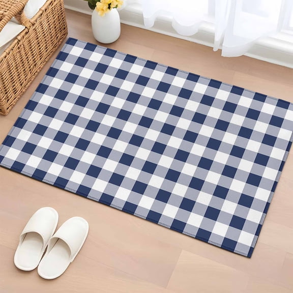 Area Rug 2x3ft Navy Blue and White Grid Area Rugs Washable Low Pile Floor Carpet for Bedroom, Pastoral Farm Theme Non Slip Soft Rugs for Living Room Entryway Dining Room