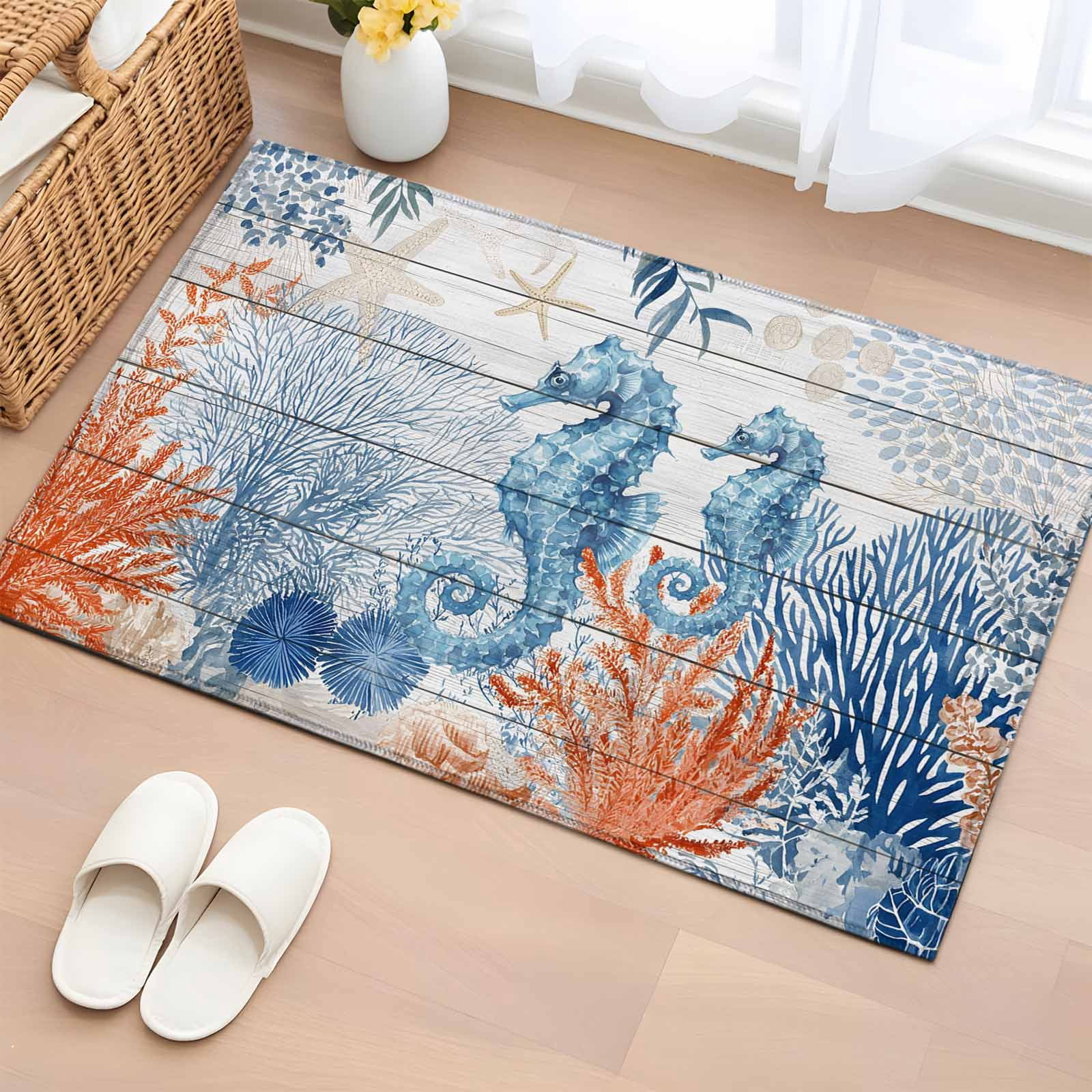 Area Rug 2x3ft, Ocean Coral Starfish Seahorses Washable Rugs for Living ...