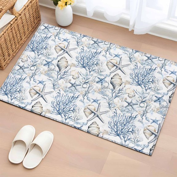 Area Rug 2x3ft, Ocean Coral Starfish Shell Washable Rugs for Living Room Bedroom, Summer Blue Ocean Theme Soft Non-slip Area Rugs Rectangle Floor Carpet for Dining Room