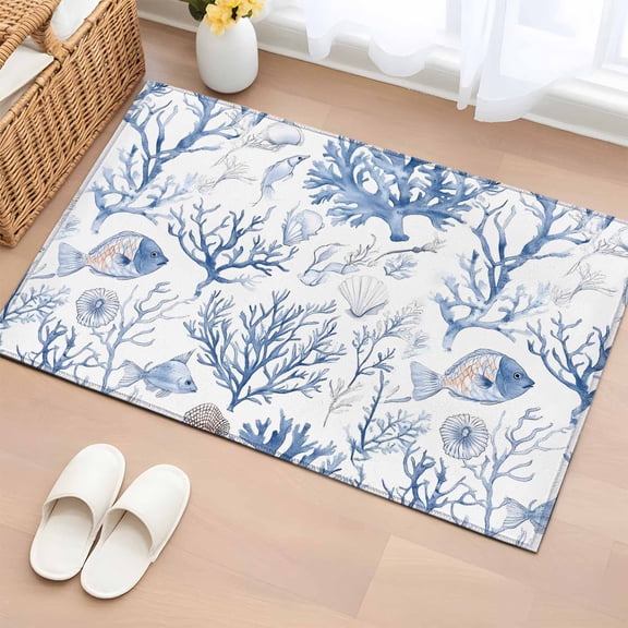 Area Rug 2x3ft, Ocean Fish Blue Coral Washable Rugs for Living Room Bedroom, Summer Coastal Nautical Theme Soft Non-slip Area Rugs Rectangle Floor Carpet for Dining Room