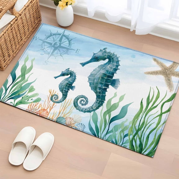 Area Rug 2x3ft Ocean Marine Life Seahorse Nautical Compass Area Rugs Washable Low Pile Floor Carpet for Bedroom, Blue Non Slip Soft Rugs for Living Room Entryway Dining Room