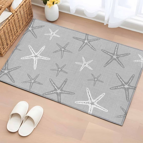 Area Rug 2x3ft, Ocean Starfish Sketch Gray Burlap Washable Rugs for Living Room Bedroom, Coastal Marine Life Theme Soft Non-slip Area Rugs Rectangle Floor Carpet for Dining Room