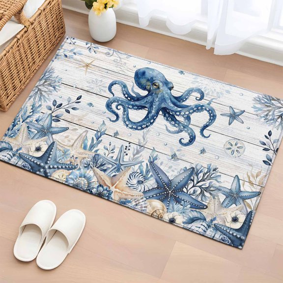 Area Rug 2x3ft, Oceans Eight-cap Fish Sea Stars Washable Rugs for Living Room Bedroom, Fish on Farm Wood Soft Non-slip Area Rugs Rectangle Floor Carpet for Dining Room