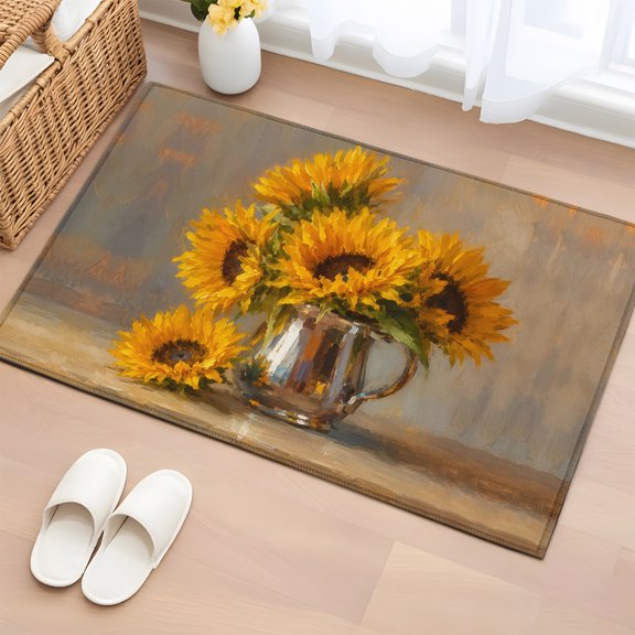 Area Rug 2x3ft, Oil Style Farm Sunflowers Washable Rugs for Living Room Bedroom, Reflective Metal Pitcher Soft Non-slip Area Rugs Rectangle Floor Carpet for Dining Room