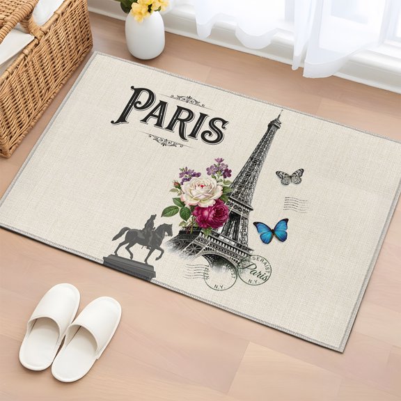 Area Rug 2x3ft Paris Iconic Architecture Tower on Linen Area Rugs Washable Low Pile Floor Carpet for Bedroom, Flower Butterfly Stamp Non Slip Soft Rugs for Living Room Entryway Dining Room