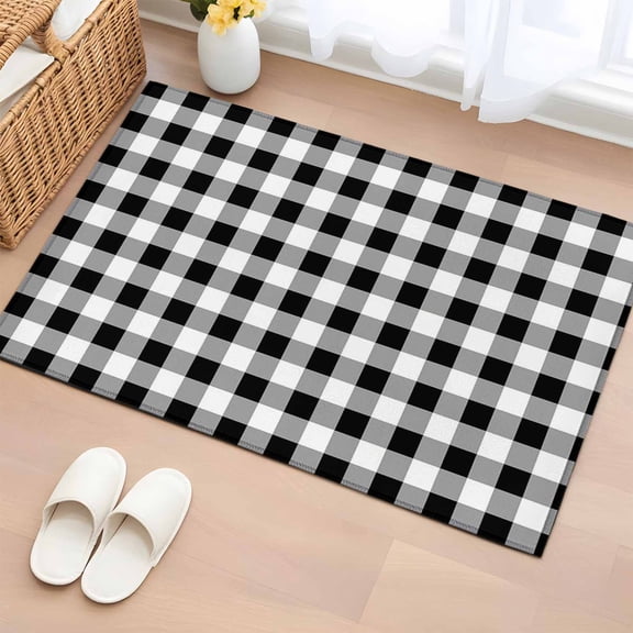 Area Rug 2x3ft Pastoral Black White Gray Plaid Area Rugs Washable Low Pile Floor Carpet for Bedroom, Retro Country Grid Non Slip Soft Rugs for Living Room Entryway Dining Room