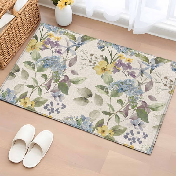 Area Rug 2x3ft, Pastoral Floral Spring Leaf Vintage Linen Washable Rugs for Living Room Bedroom, Country Hydrangea Flower Soft Non-slip Area Rugs Rectangle Floor Carpet for Dining Room