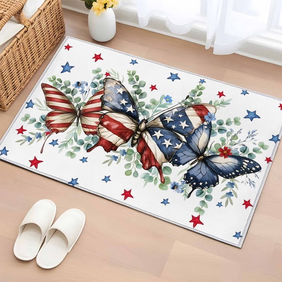 Area Rug 2x3ft Patriotic Butterfly American Flag Theme Area Rugs Washable Low Pile Floor Carpet for Bedroom, Red White Blue Stars Non Slip Soft Rugs for Living Room Entryway Dining Room