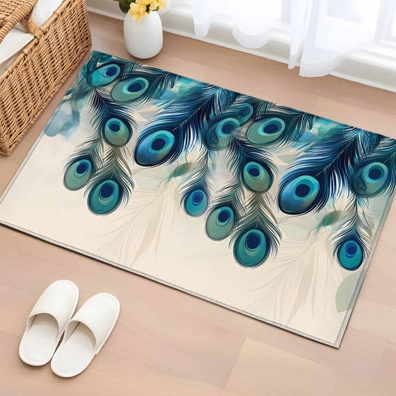 Area Rug 2x3ft, Peacock Feathers on Beige Washable Rugs for Living Room Bedroom, Abstract Pattern Soft Non-slip Area Rugs Rectangle Floor Carpet for Dining Room