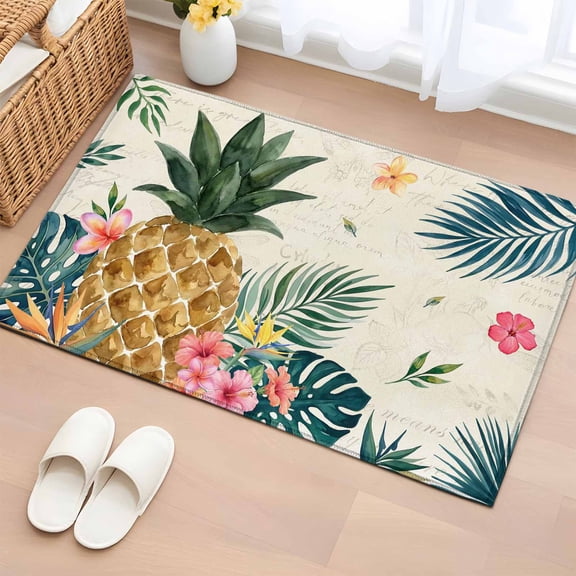 Area Rug 2x3ft Pineapple Tropical Leaves Flower Area Rugs Washable Low Pile Floor Carpet for Bedroom, Palm Leaf Monstera Leaves Non Slip Soft Rugs for Living Room Entryway Dining Room