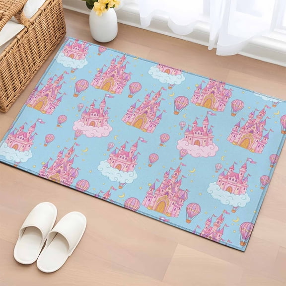 Area Rug 2x3ft, Pink Dream Castle Cloud Balloons on Blue Washable Rugs for Living Room Bedroom, Children's Day Soft Non-slip Area Rugs Rectangle Floor Carpet for Dining Room