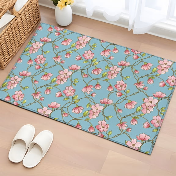 Area Rug 2x3ft Pink Floral Vines Floor Entryway Rugs Indoor Floor Area Mat Carpets Doormat Entrance Mat for Entry Living Room Dining Room Kitchen Bedroom, Buds Bloom Petals Blue Sofa Throw Carpet