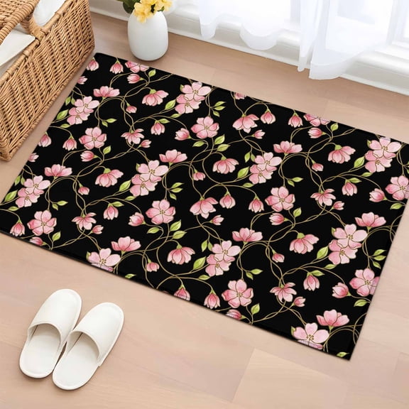 Area Rug 2x3ft Pink Floral Vines Floor Entryway Rugs Indoor Floor Area Mat Carpets Doormat Entrance Mat for Entry Living Room Dining Room Kitchen Bedroom, Buds Bloom Petals Black Sofa Throw Carpet