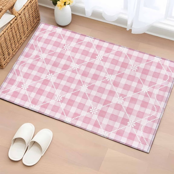 Area Rug 2x3ft, Pink Plaid Flower White Lattice Washable Rugs for Living Room Bedroom, Romantic Soft Non-slip Area Rugs Rectangle Floor Carpet for Dining Room