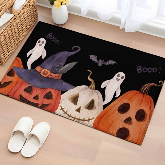 Area Rug 2x3ft, Pumpkin Ghost Halloween Washable Rugs for Living Room Bedroom, Scary Ghost Bat on Black Soft Non-slip Area Rugs Rectangle Floor Carpet for Dining Room