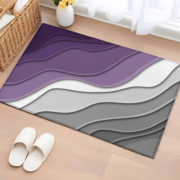 Area Rug 2x3ft Purple Grey White Wave Stripes Area Rugs Washable Low Pile Floor Carpet for Bedroom, Abstract Geometric Lines Non Slip Soft Rugs for Living Room Entryway Dining Room