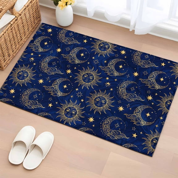 Area Rug 2x3ft Retro Boho Star and Moon Area Rugs Washable Low Pile Floor Carpet for Bedroom, Dark Blue Night Sky Non Slip Soft Rugs for Living Room Entryway Dining Room