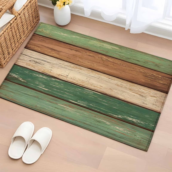 Area Rug 2x3ft Retro Country Wood Board Area Rugs Washable Low Pile Floor Carpet for Bedroom, Abstract Green Striped Plank Non Slip Soft Rugs for Living Room Entryway Dining Room