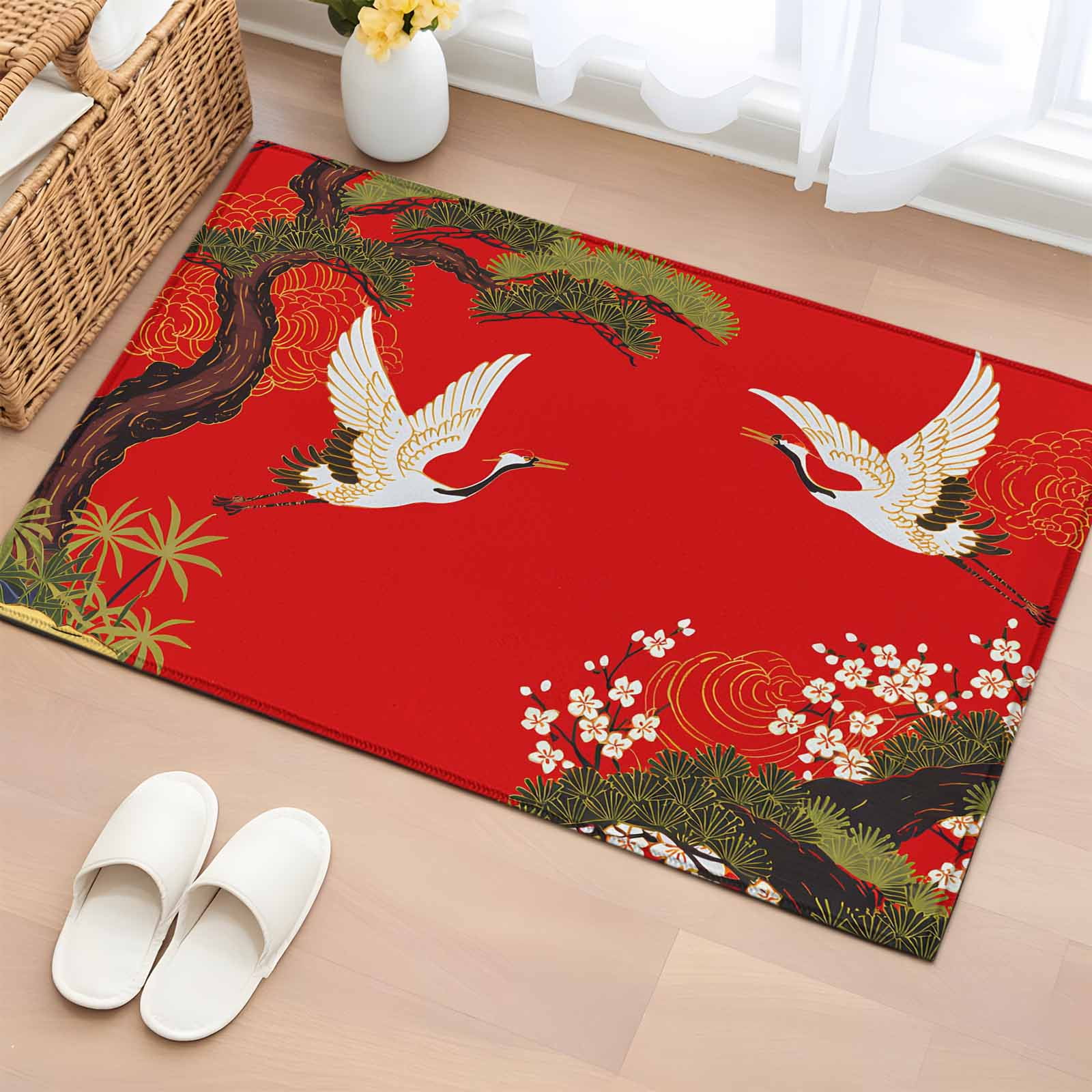 Area Rug 2x3ft, Retro Crane Pine Flower on Red Washable Rugs for Living Room Bedroom, Asian Chinese Pastoral Scenic Soft Non-slip Area Rugs Rectangle Floor Carpet for Dining Room
