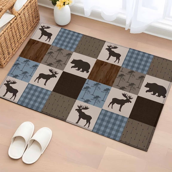 Area Rug 2x3ft, Retro Deer Bear Plaid Check Washable Rugs for Living Room Bedroom, Abstract Patchwork Pattern Soft Non-slip Area Rugs Rectangle Floor Carpet for Dining Room