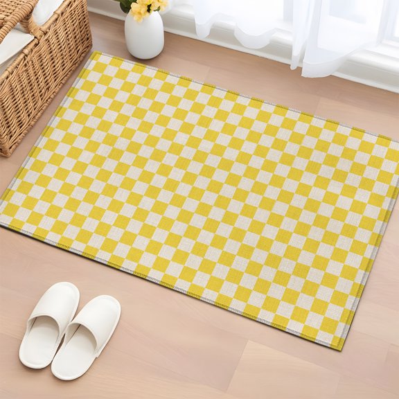 Area Rug 2x3ft Retro Farm Beige Yellow Check Area Rugs Washable Low Pile Floor Carpet for Bedroom, Rural Pastoral Buffalo Non Slip Soft Rugs for Living Room Entryway Dining Room