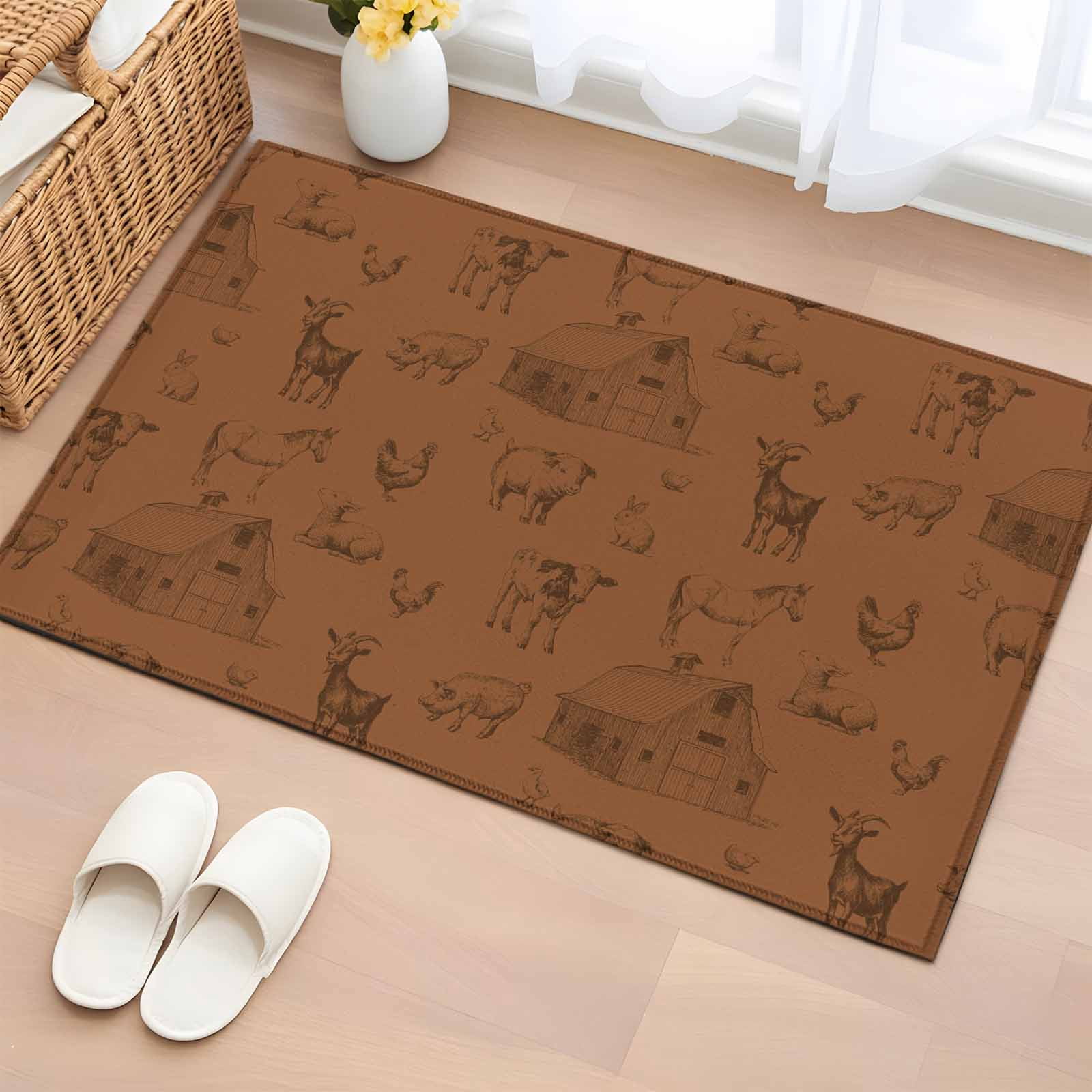 Area Rug 2x3ft, Retro Farm Cow Chicken Brown Washable Rugs for Living ...
