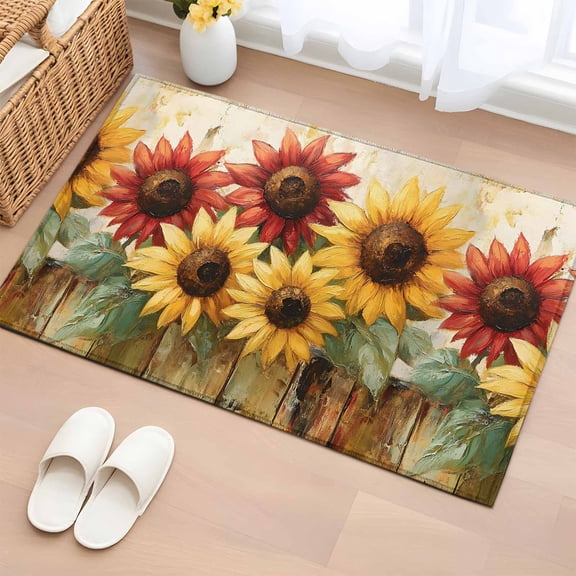 Area Rug 2x3ft, Retro Farmhouse Red Yellow Sunflower Washable Rugs for Living Room Bedroom, Vintage Rustic Wood Floral Soft Non-slip Area Rugs Rectangle Floor Carpet for Dining Room