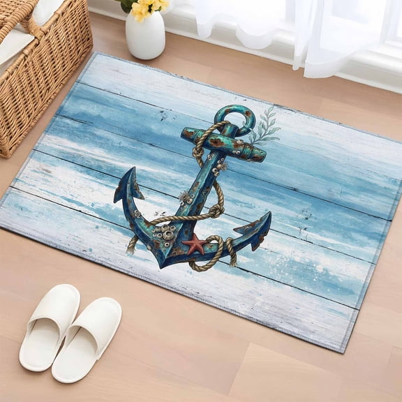 Area Rug 2x3ft Retro Nautical Anchor Carpets Indoor Floor Area Mat Doormat Entrance Mat Rugs for Entry Living Room Dining Room Kitchen Bedroom, Rustic Blue Wood Grain Sofa Throw Carpet