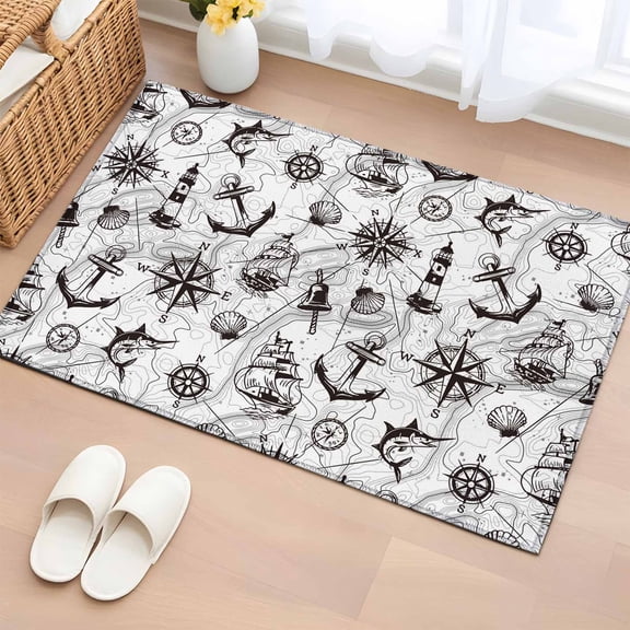 Area Rug 2x3ft Retro Nautical Anchor Lighthouse Area Rugs Washable Low Pile Floor Carpet for Bedroom, Black White Compass Map Non Slip Soft Rugs for Living Room Entryway Dining Room