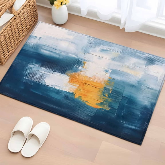 Area Rug 2x3ft Retro Oil Painting Graffiti Art Area Rugs Washable Low Pile Floor Carpet for Bedroom, Blue White Yellow Color Ombre Non Slip Soft Rugs for Living Room Entryway Dining Room