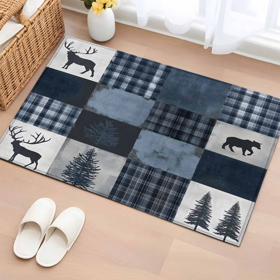 Area Rug 2x3ft Retro Pine Tree Deer Silhouette Area Rugs Washable Low Pile Floor Carpet for Bedroom, Forest Animal Plant Checkered Non Slip Soft Rugs for Living Room Entryway Dining Room