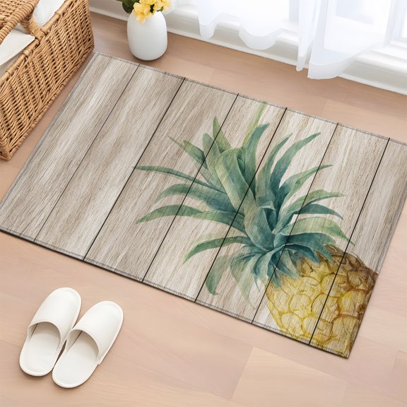 Area Rug 2x3ft Retro Pineapple On Wooden Boards Area Rugs Washable Low Pile Floor Carpet for Bedroom, Summer Fruit Non Slip Soft Rugs for Living Room Entryway Dining Room