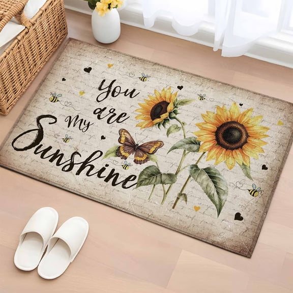 Area Rug 2x3ft Retro Sunflower Sunshine Quote Area Rugs Washable Low Pile Floor Carpet for Bedroom, Butterfly Floral Bee on Letter Non Slip Soft Rugs for Living Room Entryway Dining Room