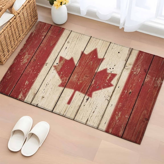 Area Rug 2x3ft Retro Wooden Stripes Maple Leafs Area Rugs Washable Low Pile Floor Carpet for Bedroom, Country Red Brown Plank Non Slip Soft Rugs for Living Room Entryway Dining Room