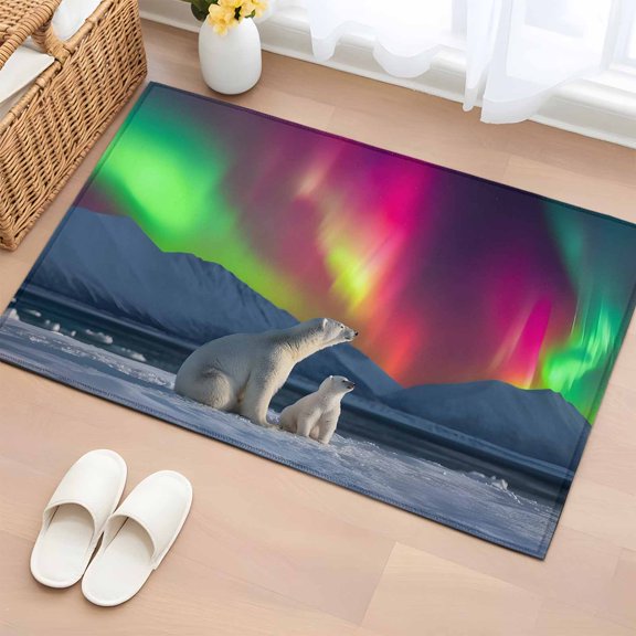 Area Rug 2x3ft Romantic Auroras Floor Entryway Rugs Indoor Floor Area Mat Carpets Doormat Entrance Mat for Entry Living Room Dining Room Kitchen Bedroom, Polar Bear Arctic Peaks Sofa Throw Carpet