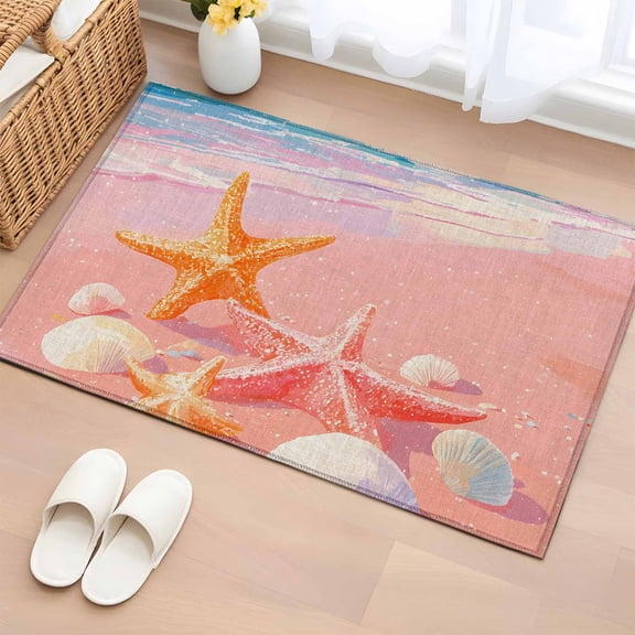 Area Rug 2x3ft Romantic Pink Beach Sunset Area Rugs Washable Low Pile Floor Carpet for Bedroom, Starfish Shell Non Slip Soft Rugs for Living Room Entryway Dining Room