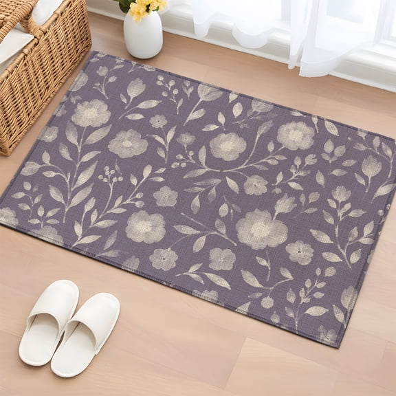 Area Rug 2x3ft Rustic Blossom Flower Purple Burlap Area Rugs Washable Low Pile Floor Carpet for Bedroom, Retro Floral Leaves Berry Non Slip Soft Rugs for Living Room Entryway Dining Room