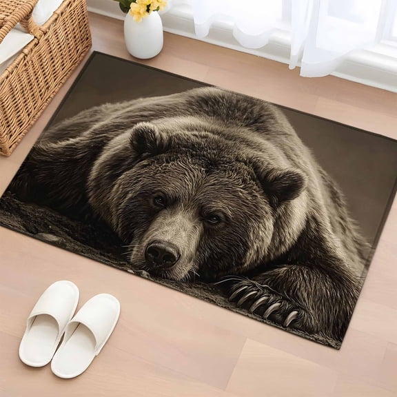 Area Rug 2x3ft Rustic Brown Grizzly Bear Area Rugs Washable Low Pile Floor Carpet for Bedroom, Abstract Forest Wildlife Animal Non Slip Soft Rugs for Living Room Entryway Dining Room