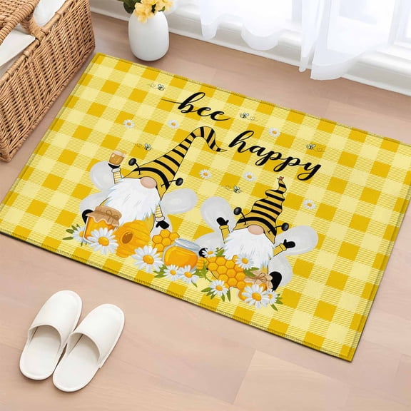 Area Rug 2x3ft Rustic Dwarf Bee Flower Area Rugs Washable Low Pile Floor Carpet for Bedroom, Pastoral Theme Yellow Buffalo Plaid Non Slip Soft Rugs for Living Room Entryway Dining Room