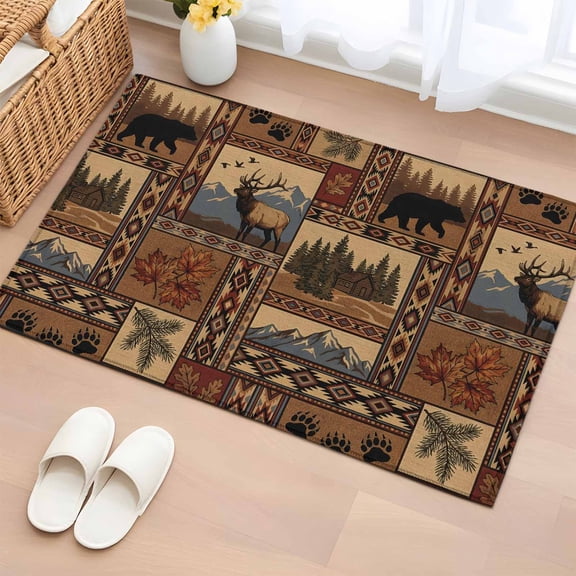Area Rug 2x3ft, Rustic Elk Bear Mountain Forest Washable Rugs for Living Room Bedroom, Brown Buffalo Plaid Soft Non-slip Area Rugs Rectangle Floor Carpet for Dining Room